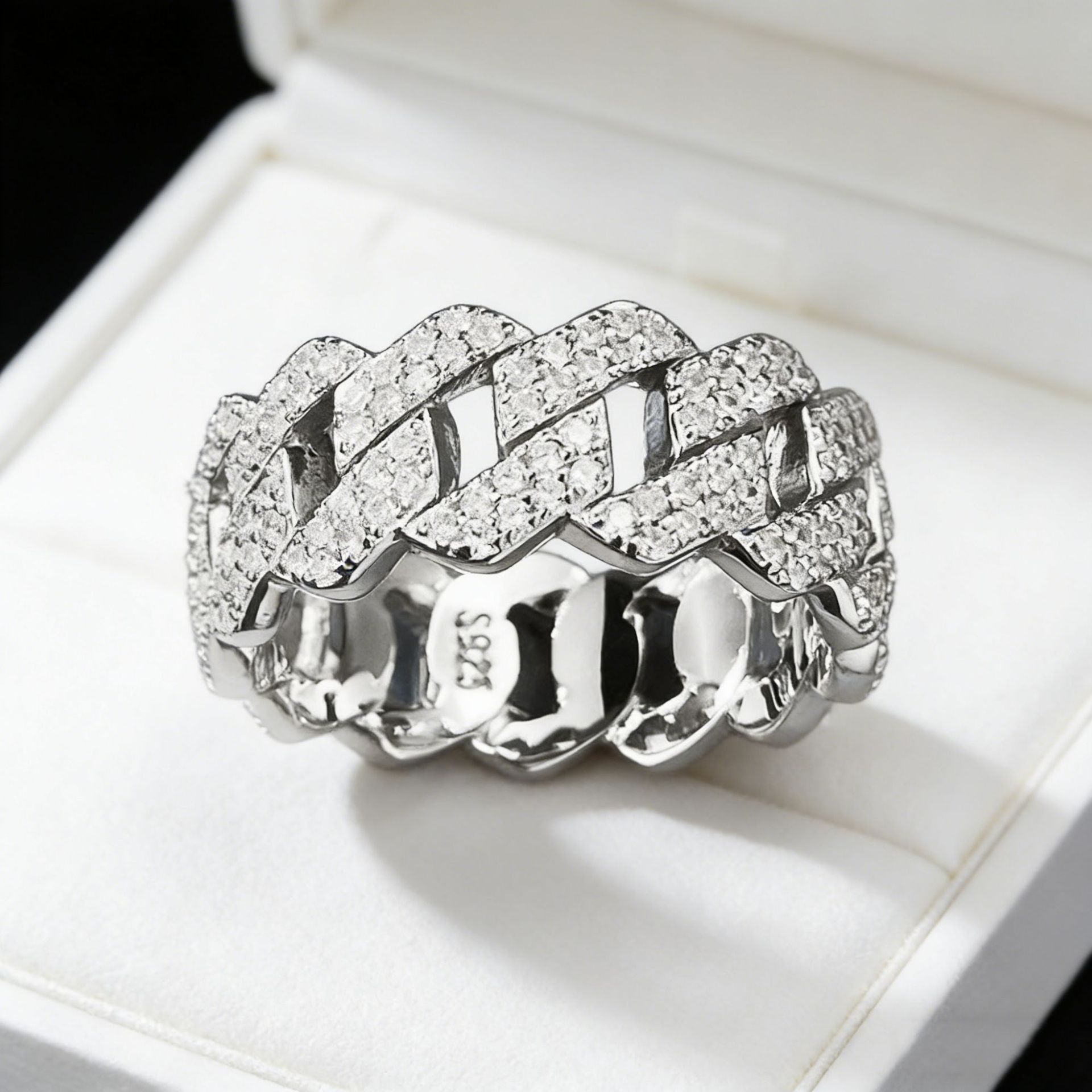 MakerVid™ S925 Sterling Silver Cuban Link Eternity Ring | CZ Wedding Band