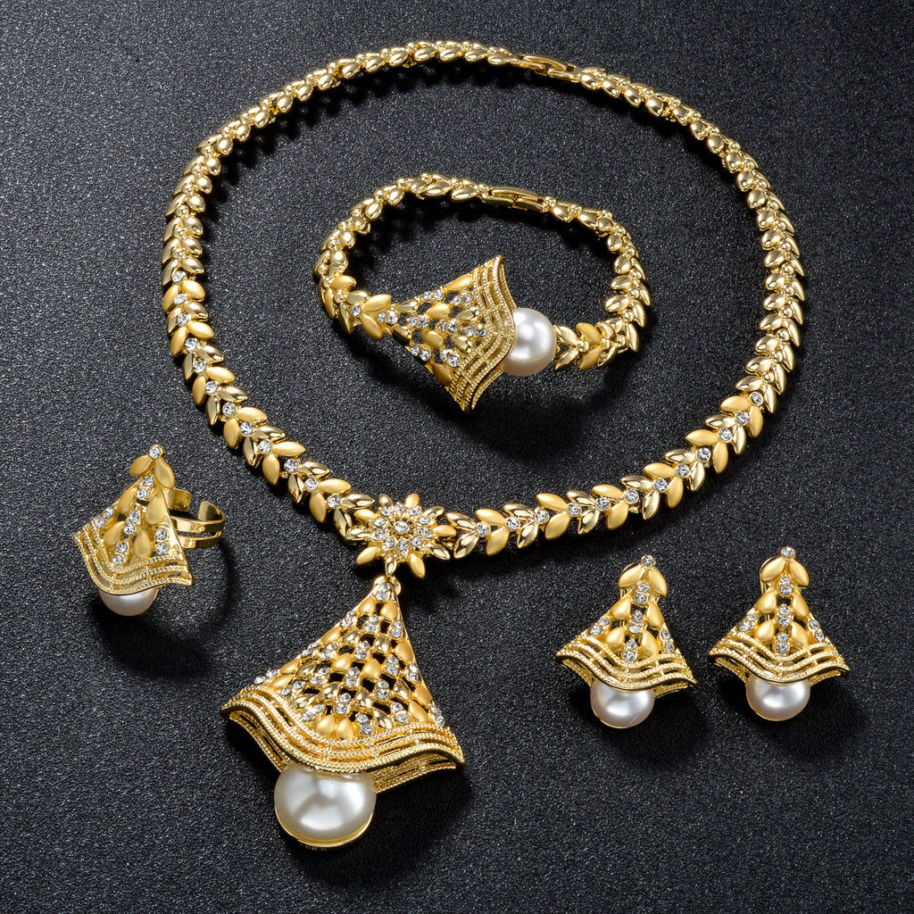 MakerVid™ 18K Gold Plated Leaf Pearl Jewelry Set | Luxury Wedding Gift