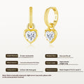 Infographic showing gold heart-shaped moissanite earrings with product specifications: D color moissanite, S925 silver, 18k gold plating, and 4.4g weight.