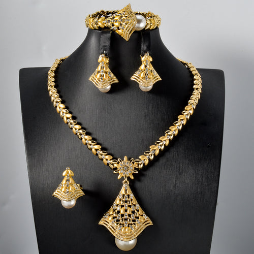 MakerVid™ 18K Gold Plated Leaf Pearl Jewelry Set | Luxury Wedding Gift