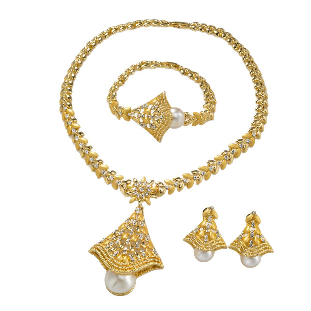 MakerVid™ 18K Gold Plated Leaf Pearl Jewelry Set | Luxury Wedding Gift