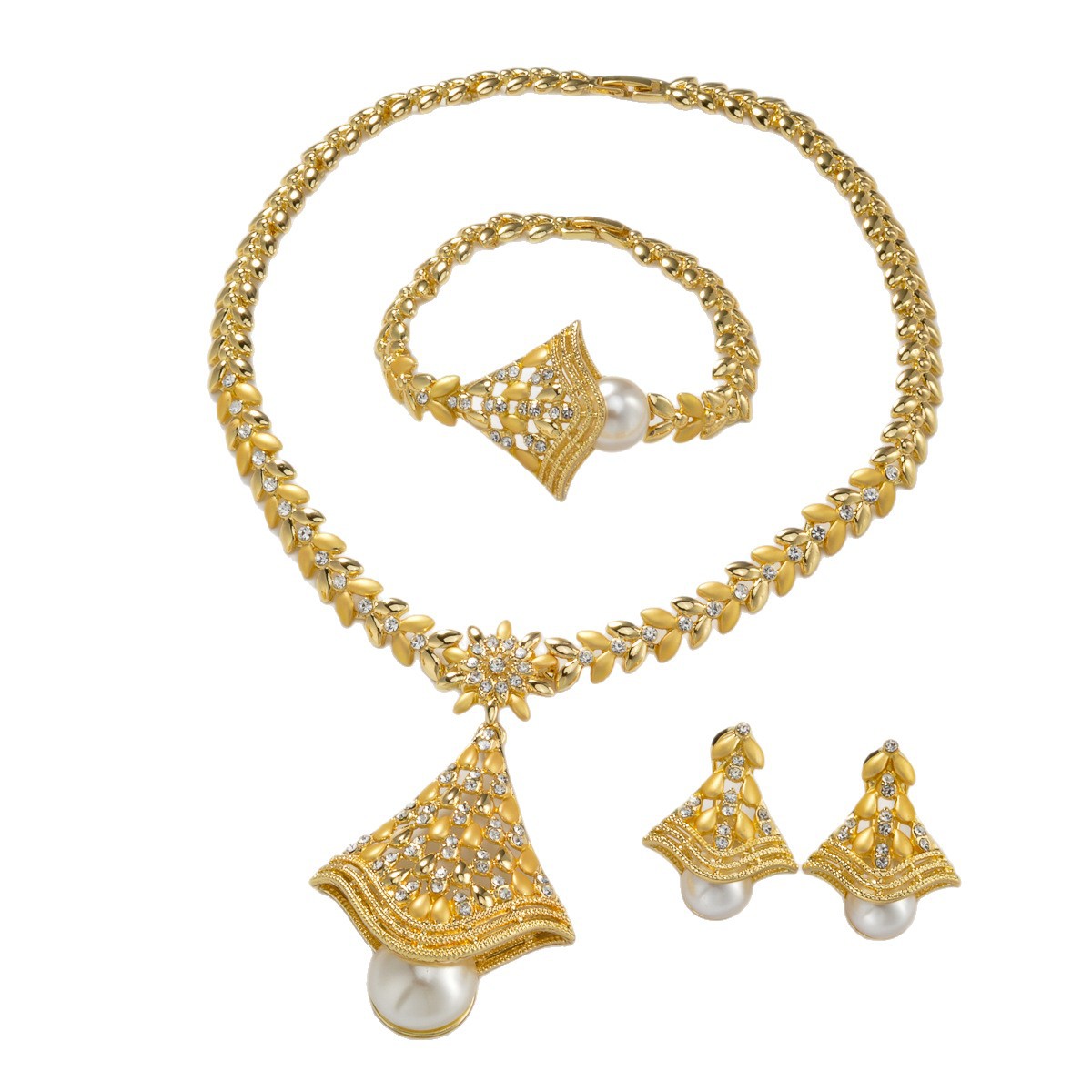 MakerVid™ 18K Gold Plated Leaf Pearl Jewelry Set | Luxury Wedding Gift