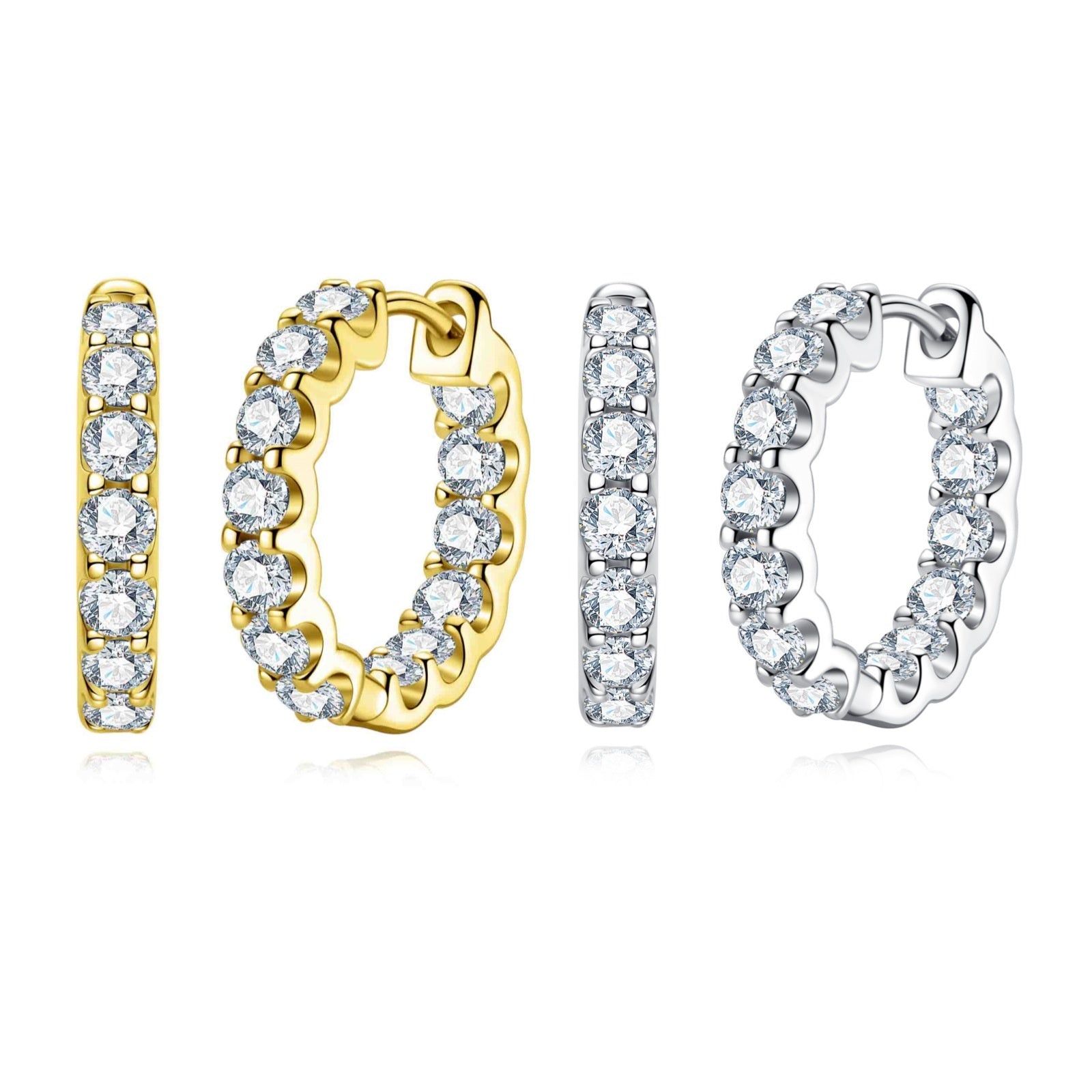 Front and side views of gold and silver hoop earrings embellished with round-cut crystals on a white background.