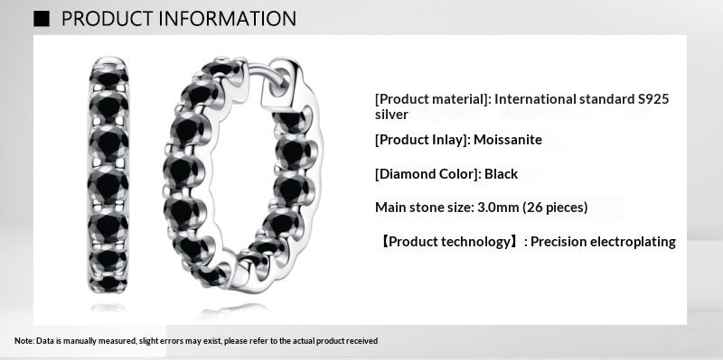 Product information infographic for silver hoop earrings with black moissanite stones, including material details and 3.0mm stone size specifications.