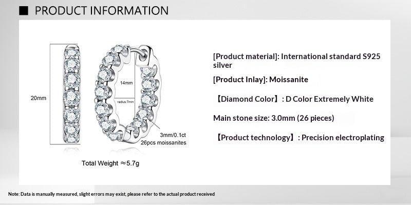 Product information infographic for silver hoop earrings with black moissanite stones, including material details and 3.0mm stone size specifications.