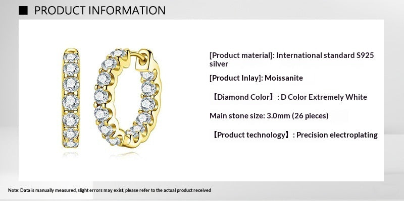 Product information infographic for silver hoop earrings with black moissanite stones, including material details and 3.0mm stone size specifications.