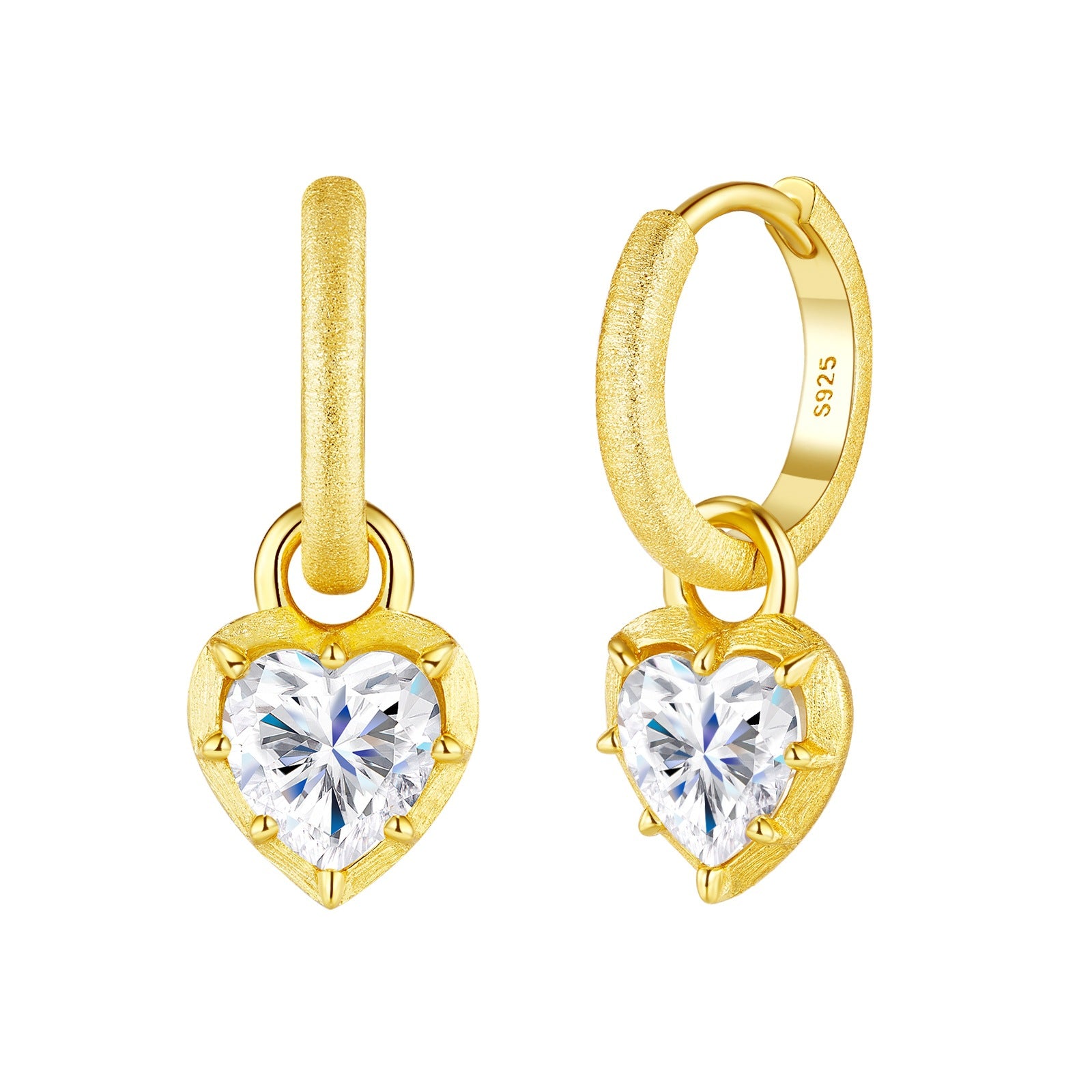 Detailed view of gold hoop earrings with heart-shaped crystal pendants and "S925" engraving on a white background.