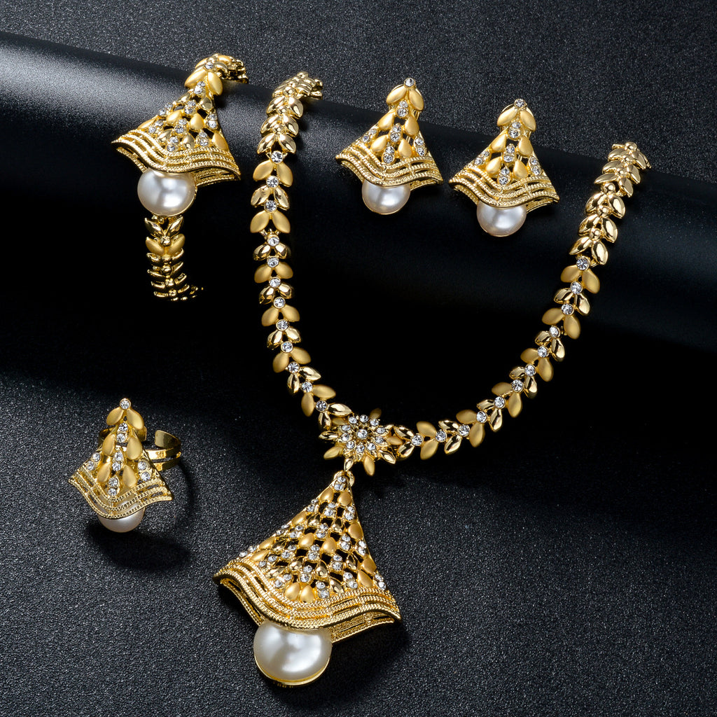 MakerVid™ 18K Gold Plated Leaf Pearl Jewelry Set | Luxury Wedding Gift